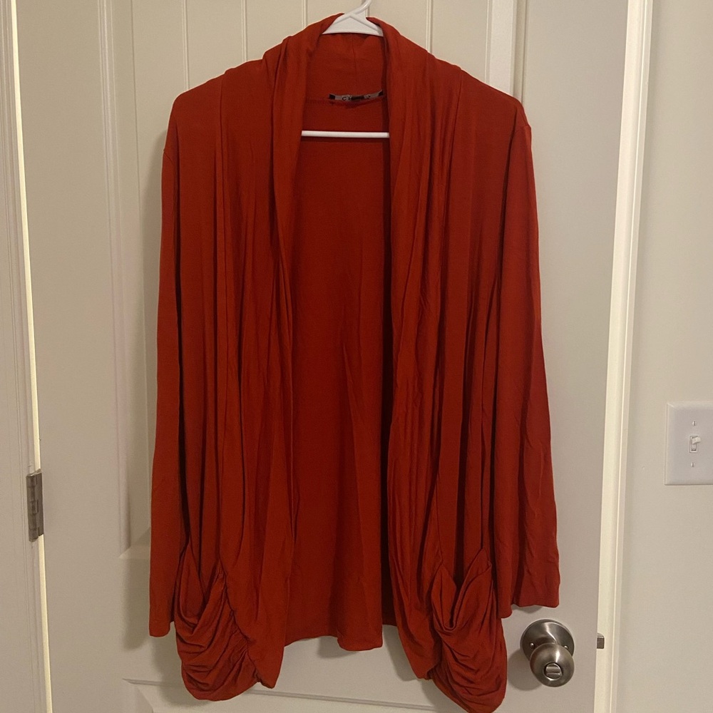 EUC CHAUS women’s rust orange thin stretchy‎ drape pocket open cardigan large